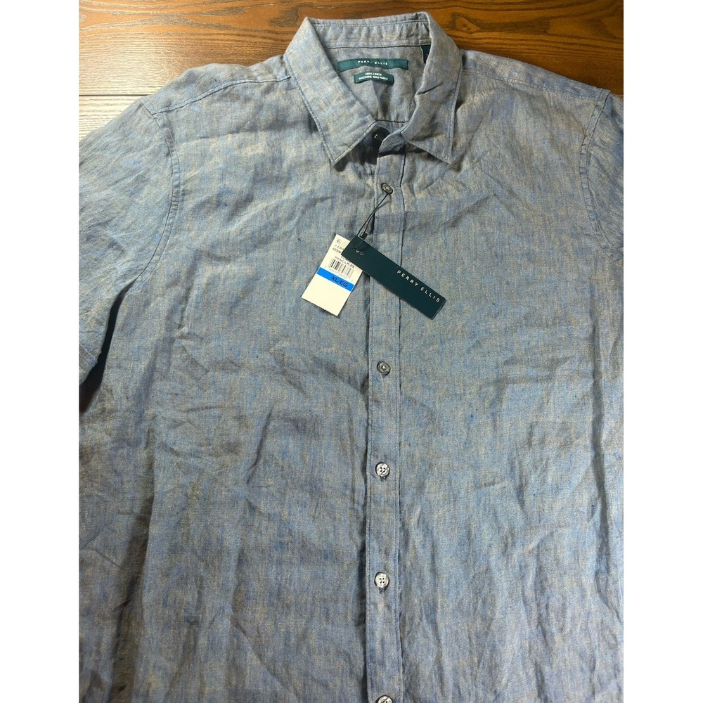 NEW Perry Ellis Men's Linen Shirt Size XL SS Cumin Blue NWT